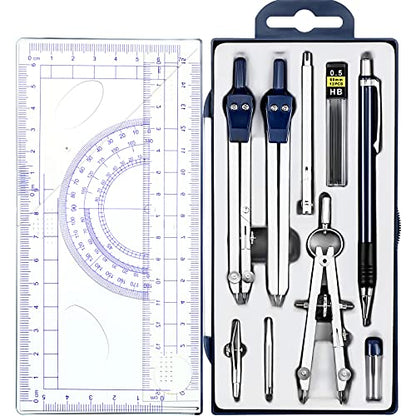 Outus 13 Pcs Geometry Set for Students Metal Compass Math Protractor - color: Blue