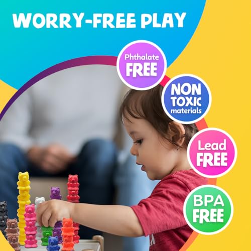 Skoolzy Rainbow Stacking Bears & Sorting Cups, 69 Pc Set, Storage Bag - style: Sort and Match, Rainbow Cups - 60pcs