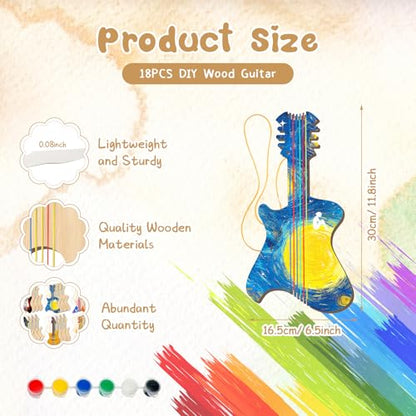 Syhood 36 Pcs 18 Sets DIY Wood Guitar (6 Difference Designs) with Pigments (6 Colors), DIY Wood Instruments Gift for Crafts Art Birthday Music Theme Party(Trendy Style) - style: Trendy Style
