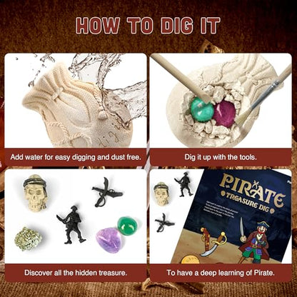 Pirate Treasures Dig Kit, 5 Bricks Excavation STEM Toy, Kids Party Gift