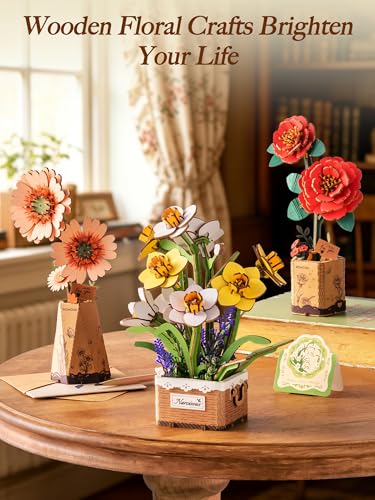 Rolife 3D Flower Wooden Puzzles-Daffodils Narcissus, DIY Flowers Model Kit Building Set Crafts for Adults, Botanical Collection Ideal Creative Birthday Gift, Artificial Flowerpot for Decor and Display