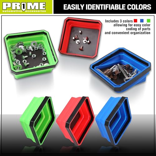 PR1ME Collapsible Magnetic Parts Tray Set, Foldable Magnetic Tray, 3 Pieces 4.25 inch Square Silicone Bowls with Magnetic Base Stores and Organizes Small Parts and Tools (Pack of 2) - size: Basic Trays (Pack of 2)