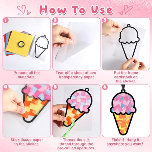 Qyeahkj 36 Set Ice Cream Suncatchers Crafts for DIY Dessert Window Tissue Paper Crafts Kit Summer Sweet Suncatcher Hanging Decor for Summer Home Activity Art Project Birthday Party Favor Gift - style: Ice Cream