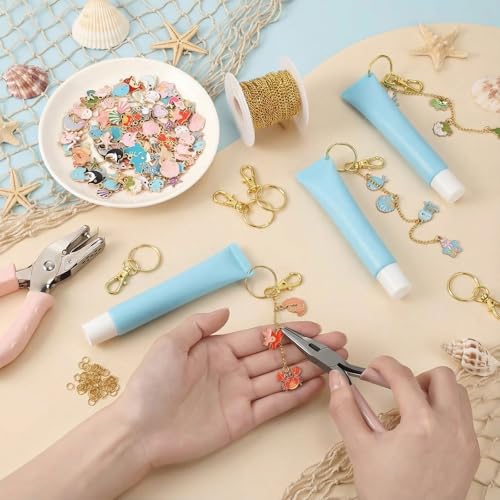 VioraWhite 213 Pcs Ocean Theme Keychain Making Kit Summer Bag Charm Kit Lip Gloss Keychain 100 Enamel Charms 32.81 ft Gold Chains for DIY Crafts Women - style: Ocean Theme