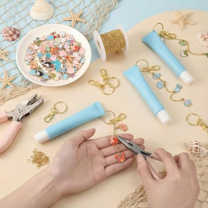 VioraWhite 213 Pcs Ocean Theme Keychain Making Kit Summer Bag Charm Kit Lip Gloss Keychain 100 Enamel Charms 32.81 ft Gold Chains for DIY Crafts Women - style: Ocean Theme