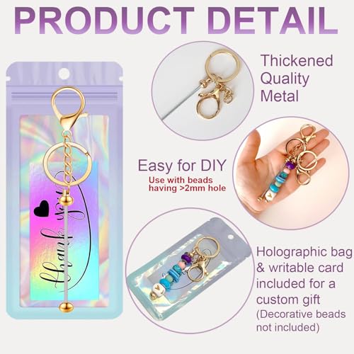 42/84/126 Pcs Beadable Keychain Bars Bulk Blank DIY Beaded Keychain Making Supplies with Bag Thank You Card - color: Gold