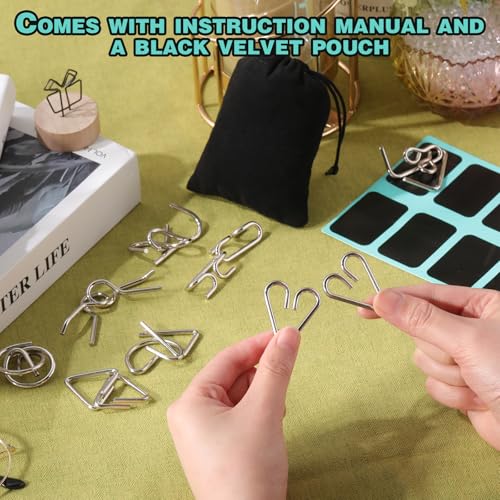 8 Pack Brain Teaser Puzzles Metal Wire Ring with Pouch, B Style - style: B Style