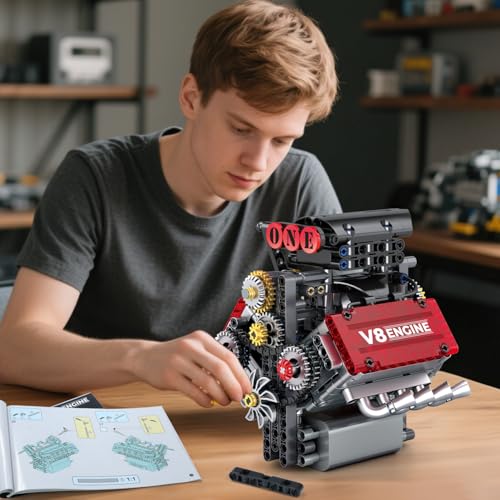WINGIFT V8 Engine Building Set,V8 Engine Model kit that Run,Build Your Own STEM Mini V8 Model Engine Kit with Battery and Motor,8-Cylinder Car Engine Building Engineering Toys for Kids Adults(478PCS)