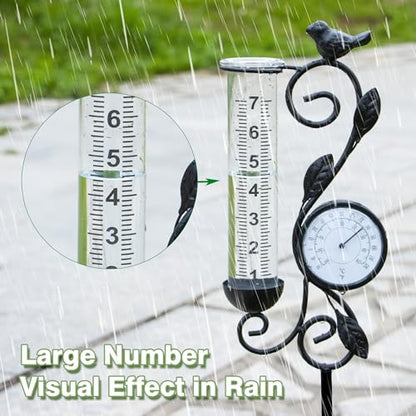 36in Black Bird Rain Gauge Thermometer Metal Garden Stake Decor - color: Black Bird