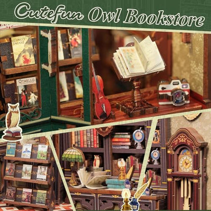 Owl Bookstore Book Nook Kit - 3D Wooden Puzzles with LED - color: Owl Bookstore