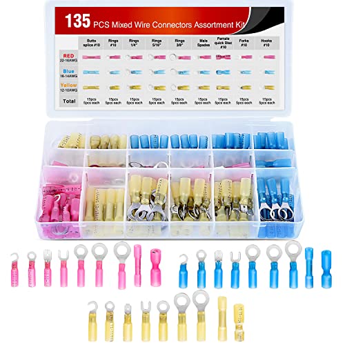 Nilight - 50006R 135 PCS Heat Shrink Wire Connectors - Electrical Terminals Kit - Marine Automotive Crimp Connector Assortment - Ring Fork Hook Spade Butt Splices, 2 Years Warranty - color: 135Pcs Mixed Heat Shrink Terminals