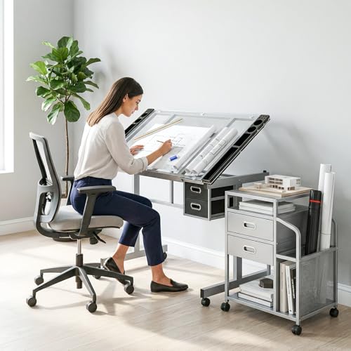 Magshion Drafting Table Adjustable Drawing Table - color: Clear & Gray