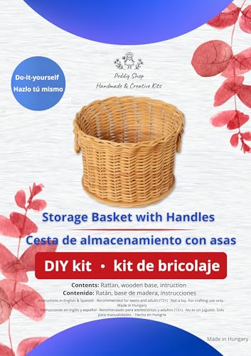 PEDDIG SHOP Two-Handle Storage Basket Weaving Kit – DIY Natural Rattan Craft Set with Pre-Drilled Wooden Base – Illustrated Instructions in English and Spanish – Practical Home Décor Organizer