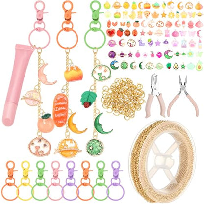 VioraWhite 213 Pcs Keychain Making Kit Bag Charm Kit Cute Lip Gloss Keychain 100 Pink Enamel Charms 32.81 ft Gold Chains for DIY Crafts Women - style: Cute