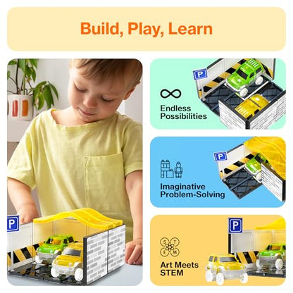 PicassoTiles Magnetic Tiles Race Car Track Kit Parking Garage Expansion Pack with 2 Cars Magnet Tile Building Blocks Educational Toy Learning Kit Pretend Play Construction Set Kids Child Ages 3+ PTR07 - color: 2 Cars With Garage Race Track