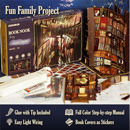 DIY Book Nook Kit, Alice in Wonderland, Dollhouse Miniature, Booknook Bookshelf Insert Alley 3D Wooden Puzzle, Bookends Model Building Kit, Gift for Teens and Adults, Falling Library - color: B-falling Library