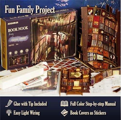 DIY Book Nook Kit, Alice in Wonderland, Dollhouse Miniature, Booknook Bookshelf Insert Alley 3D Wooden Puzzle, Bookends Model Building Kit, Gift for Teens and Adults, Falling Library - color: B-falling Library
