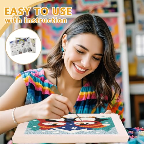 DOODLREAM Christmas Penguins DIY Punch Needle Embroidery Kit for Adult Beginner, 9.4" Snow Mountain Animal Punch Stitching Craft Set for Starter with Frame,Fabric Pattern,Threader, Yarn, Pinch Needle - color: Penguins