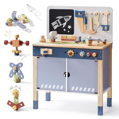ROBOTIME Kids Wooden Tool Bench Set Large Storage Space Gift for Age 3+