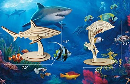 3D Wooden Sea Animal Puzzle, 6 Piece Set Wood Sea Animals Skeleton DIY Assembly Model Kits, Wooden Crafts Brain Teaser Puzzle, STEM Gifts for Adults & Teens Birthday Gifts Xmas - color: Sea Animals