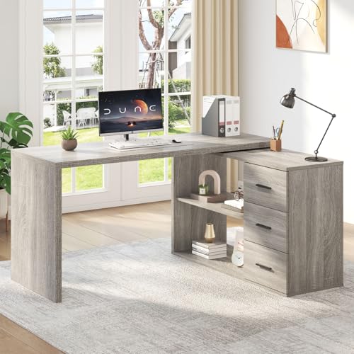 HSH 55-76 Inch Light Grey L Shaped Desk,Corner Desk with Storage Drawers - color: Light Grey
