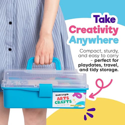 Blue Squid Arts & Crafts Box (Blue)- 2800+ pcs Deluxe Craft Supplies Box, 2 Drawers, 18 Compartments, Sturdy Handle - Art Crafting Kit Birthday Gifts for Kids, School Supply for Ages 4-12 - color: Craft Box Blue