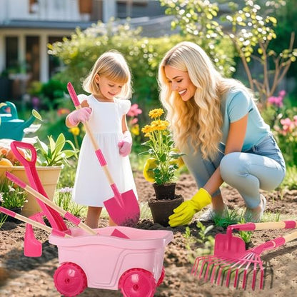 Duckura Kids Gardening Set with Wheelbarrow, Metal Garden Tools for Girls - color: Pink-8pcs