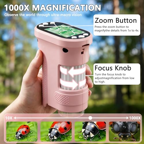 Kids Digital Microscope, 1000X Handheld Pocket Microscope STEM Science Toy - color: Pink