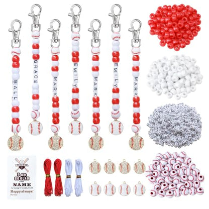 Tuhangcc 500 Pcs Baseball DIY Keychain Making Kit, Adjustable Letter Alphabet Beads Strings,8 Charm 16 Cards with Lobster Clasps & Strings for Sport Theme Party Favor Gift (Baseball) - color: Baseball