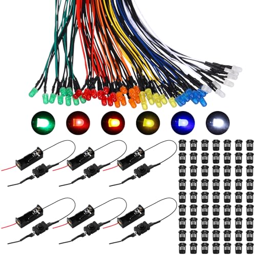 126 Pcs 12v LED Lights Kit, 60 Pre Wired LED Light Emitting Diodes 60 Plastic Lampholder 6 Battery Holder for Model Assortment Crafts Dollhouse (5 mm) - size: 5 mm