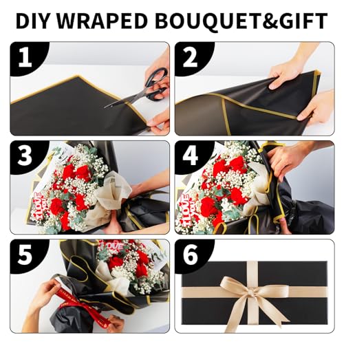Duyasurs 20 Sheets Floral Wrapping Paper, Waterproof Bouquet Wrapping, 22.8x22.8IN, Florist Supplies Packaging Paper, DIY Gift Box, Wedding & Birthday Gifts, Gold Edge (Black) - color: Black Gold