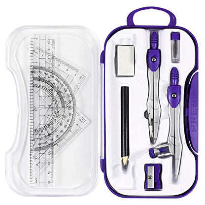 Unjoo Geometry Set 10 Pcs Student Supplies, Protractor and Compass,Purple - color: Purple