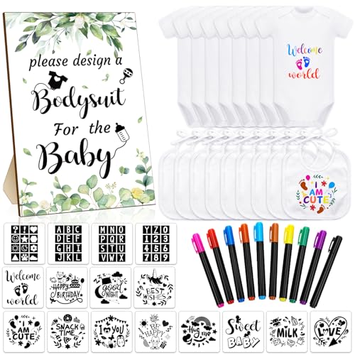 Chuarry 43 Pcs DIY Baby Bibs Decorating Kit 8 Bodysuits 8 Pcs 2 Ply White Bibs 10 Fabric Markers 16 Stencils Baby Shower Sign (Greenery) - style: Greenery