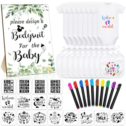 Chuarry 43 Pcs DIY Baby Bibs Decorating Kit 8 Bodysuits 8 Pcs 2 Ply White Bibs 10 Fabric Markers 16 Stencils Baby Shower Sign (Greenery) - style: Greenery
