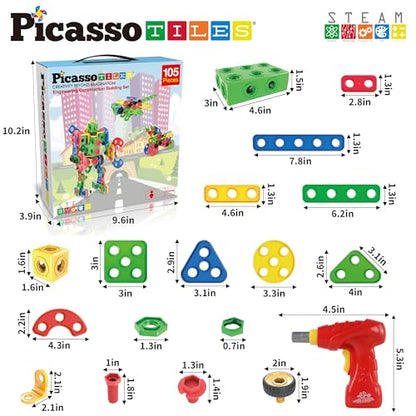 PicassoTiles STEM Learning Toys 105 Piece Building Block Set Kids Construction Engineering Kit Toy Blocks Children Early Education Playset w/IdeaBook, Power Drill, Clickable Ratchet, Age 3+ PTN105 - color: 105pcs Transformation