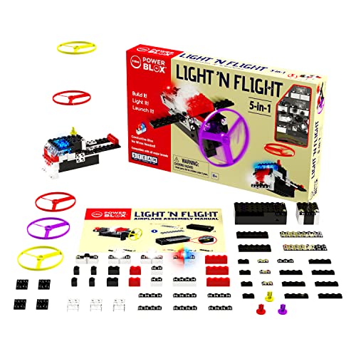 E-Blox Power Blox Light N' Flight 5-in-1 STEM Kit (58 Pieces), LED Light Up Building Blocks & Fan Launch Toy Set, Build 5 3D Structures, Great Science Project for Kids, Birthday Gift, Boys, Girls, 8+