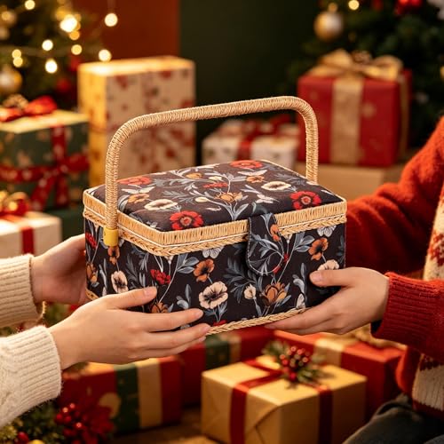 NOTIONSLAND Sewing Basket with Sewing Supplies, Medium Sewing Box for Accessories Storage, Black Red Flower - color: BLACK RED FLOWER