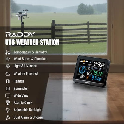 Raddy UV-6 Professional Weather Station with 6" VA Display and Outdoor Sensor, Wireless Indoor Outdoor Temperature & Humidity Monitor, Atomic Clock, UV & Light Index, Wind Speed, Rain Gauge