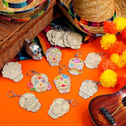 Trnayi 36 Pcs Day of The Dead Wood Keychain Color Your Own DIY Craft - style: Day of the Dead