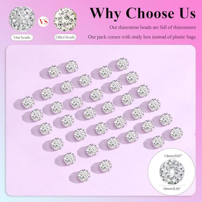Dowarm 255PCS 10mm Rhinestone Beads for Baseball Necklace Bracelet Jewelry Making, White Rhinestone Clay Beads for Crafts Beaded Pen, Round Polymer Clay Shamballa Pave Disco Diamond Bead - color: 01-White
