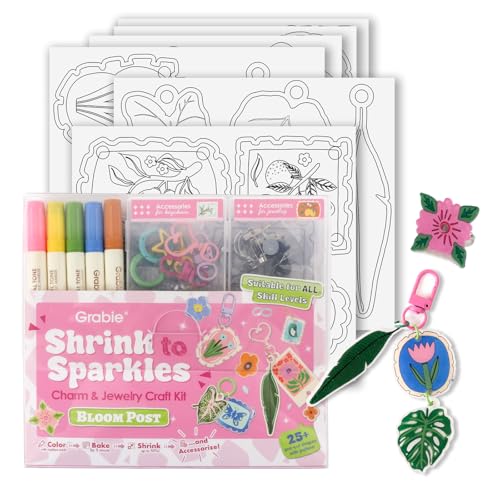 Grabie Shrink Art Craft Kit of 25+ Shapes, Markers & Charms, Bloom Post - color: Bloom Post - For Art Lovers