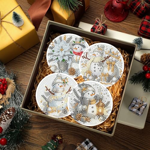 Xylogist 8 Pcs Christmas Snowman Diamond Art Coasters with Holder Cork Pads - color: Christmas Snowman B Coasters