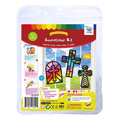 VHALE Suncatchers Craft 3 Sets (9 Cutouts) w Tissue Papers Stained Glass Effect Paper Sun Catcher Kit, Window Art, Classroom Crafts, Creative Art Projects, Kids Party Favors (Cross) - style: Cross