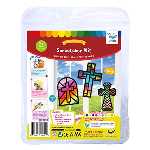 VHALE Suncatchers Craft 3 Sets (9 Cutouts) w Tissue Papers Stained Glass Effect Paper Sun Catcher Kit, Window Art, Classroom Crafts, Creative Art Projects, Kids Party Favors (Cross) - style: Cross