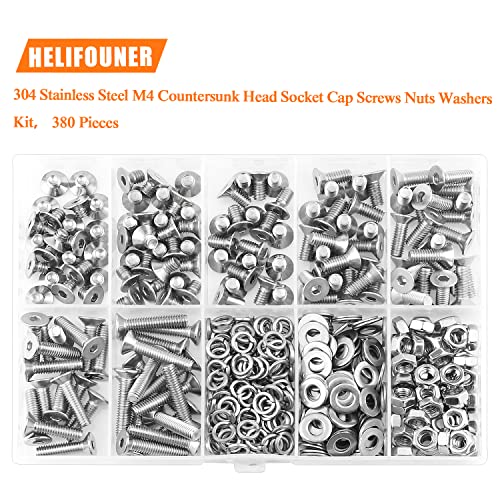 HELIFOUNER 380 Pieces M4 x 5mm /6mm /8mm /10mm /12mm /16mm /20mm, Countersunk Head Socket Cap Screws Bolts Washers Nuts Kit, 304 Stainless Steel - size: M4, style: Countersunk Head Socket Cap