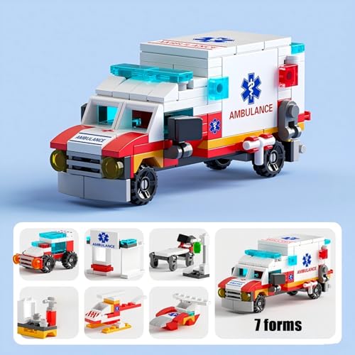 Ambulance Building Blocks Toy (122 Pieces) – 7 in 1 Emergency Vehicle Set, STEM Learning Creative Play, DIY Construction Toy for Kids Ages 6-12, Gift for Boys & Girls - color: City Ambulance