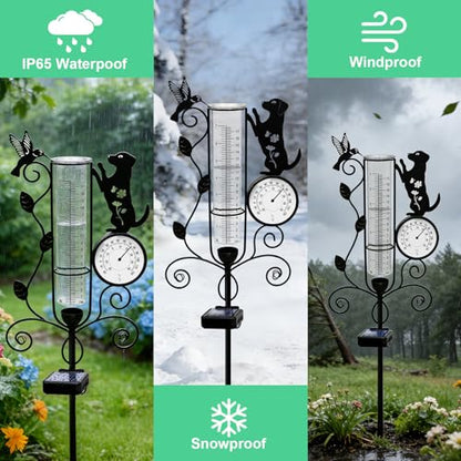 YJFWAL Metal Dog Solar Rain Gauge Outdoor with LED Light and Thermometer - color: Dog