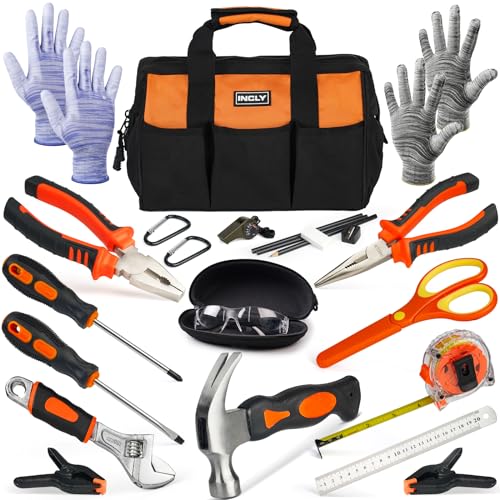 INCLY 24 PCS Kids Real Tool Set with Tool Bag, Small Real Hand Tools Kit - color: Orange