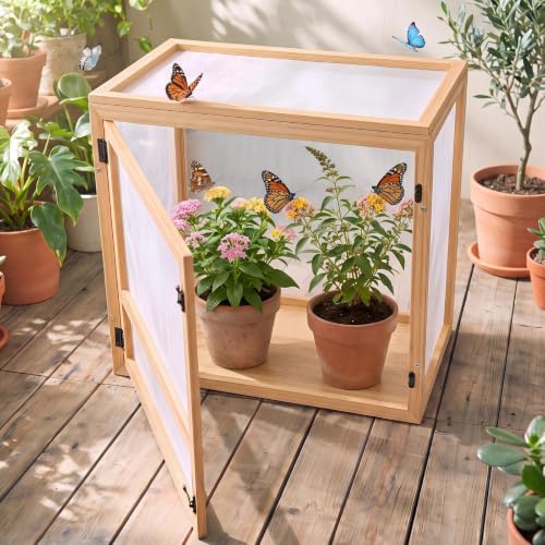 Bucherry Wooden Butterfly Habitat Cage Kit Monarch Caterpillar Enclosure with Mesh Tent & Wood Frame, Detachable Insect Observation House for Kids Outdoor Garden (20") - size: 20"