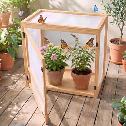 Bucherry Wooden Butterfly Habitat Cage Kit Monarch Caterpillar Enclosure with Mesh Tent & Wood Frame, Detachable Insect Observation House for Kids Outdoor Garden (20") - size: 20"